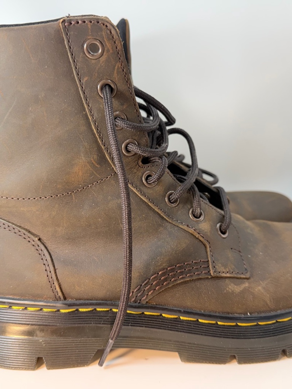 Dr. Martens Brown Leather Lace-Up Combat Boots with Yellow Stitching